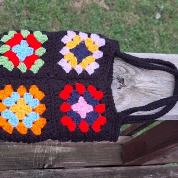 Crocheted Granny Square Quilt Sweater 8" Tote Bag Small Purse Grandma Nostalgia - Picture 3 of 4